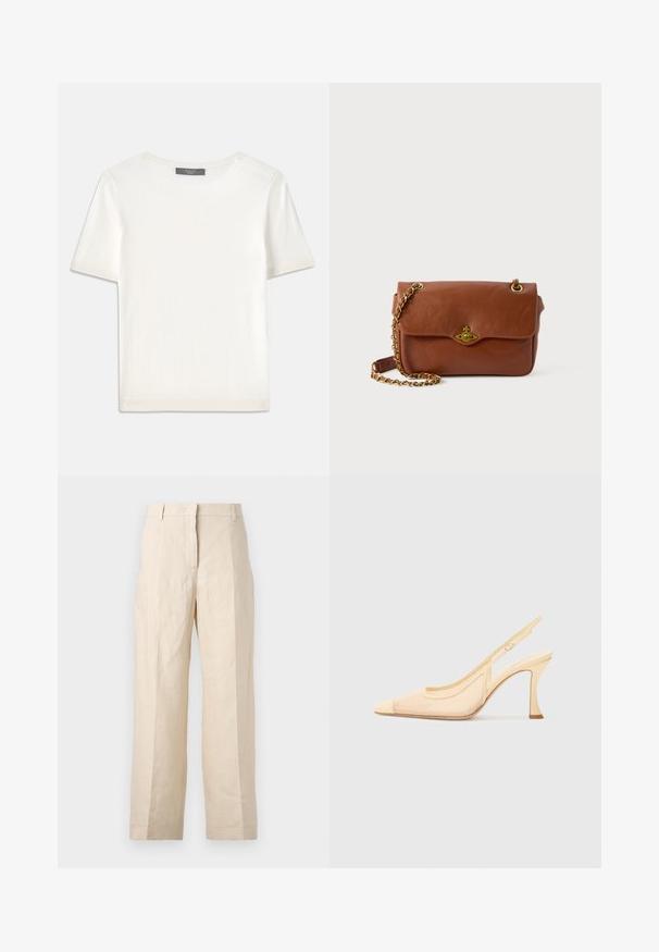 White short-sleeve knit top with a round neckline, featuring a smooth texture and subtle ribbed accents at sleeves and hem.; Beige linen trousers with a loose fit, pleated front, and straight legs. Features a waistband with belt loops and no visible pockets.; Slingback high heel shoe in light beige mesh with a pointed toe and a slim, curved heel, featuring a minimalistic buckle accent.; Brown leather crossbody bag with a flap closure, gold hardware, and a chain strap. Smooth texture, rectangular shape, minimal detailing.