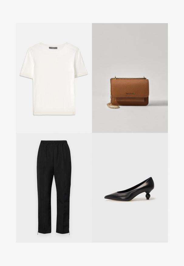 Haut tricot blanc à manches courtes avec un col rond, présentant une texture lisse et des accents côtelés subtils aux manches et à l'ourlet.; Pantalon noir avec une taille élastique, des jambes droites et des fermetures éclair aux chevilles. Le tissu a une texture lisse et un design minimal.; Chaussure à talon haut en cuir noir avec un bout pointu et un talon arrondi. Texture lisse avec un design épuré et minimal.; Sac en cuir texturé marron en bandoulière avec une sangle en chaîne dorée et une fermeture à rabat. L'avant présente un détail de logo et une poche sous le rabat.