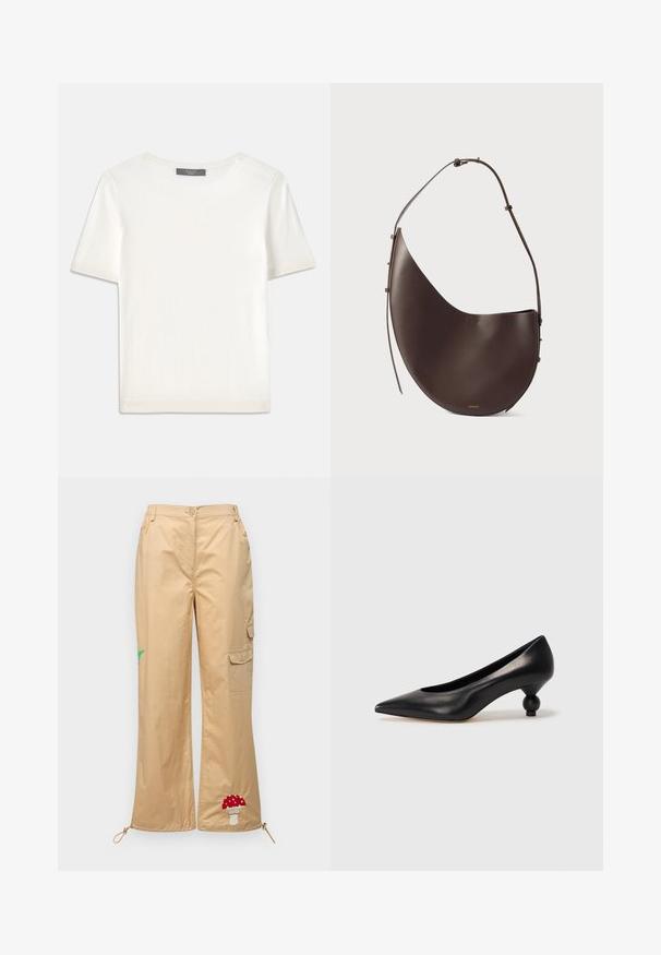 Haut tricot blanc à manches courtes avec un col rond, présentant une texture lisse et des accents côtelés subtils aux manches et à l'ourlet.; Pantalons cargo beige en tissu lisse, avec un champignon et une feuille de palmier brodés, un ourlet ajustable et des poches latérales.; Chaussure à talon haut en cuir noir avec un bout pointu et un talon arrondi. Texture lisse avec un design épuré et minimal.; Sac à main en cuir brun avec une forme incurvée, une seule sangle et un design minimaliste. Présente un logo subtil et des accents en hardware doré.