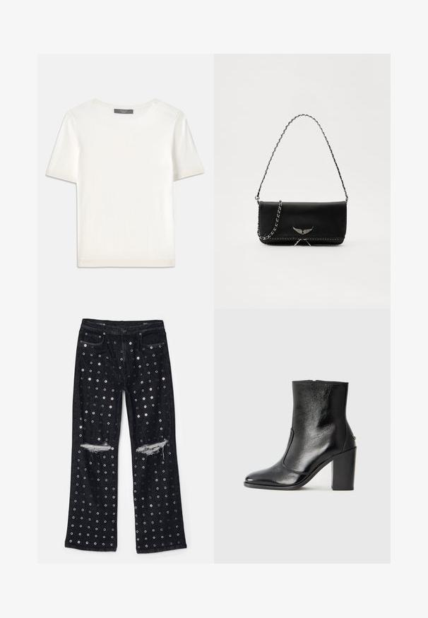 Top de punto corto de manga blanca con cuello redondo, que presenta una textura suave y sutiles detalles acanalados en las mangas y el dobladillo.; Vaqueros de mezclilla negra con grandes ojales metálicos y áreas rasgadas en las rodillas, con un corte recto y un diseño clásico de cinco bolsillos.; Botín negro de cuero con textura suave, puntera puntiaguda y un tacón alto y robusto. Presenta una apertura lateral y un diseño minimalista.; Bolso de mano de cuero negro con una correa de cadena plateada, que presenta acentos decorativos en forma de alas y costuras blancas a lo largo de la costura inferior.