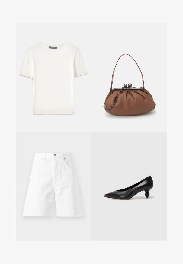 Top tricotat alb cu mânecă scurtă, cu decolteu rotund, având o textură netedă și accente subtile cu nervuri la mâneci și la margine.; Șorturi din denim alb cu talie înaltă, design cu cinci buzunare și fermoar. Prezintă accesorii de culoare cupru și o croială relaxată.; Pantofii cu toc înalt din piele neagră, cu vârf ascuțit și toc rotund, mimos. Textură netedă, cu un design elegant și minimalist.; Geantă de mână din piele maro, cu un design plisat, un mânere scurt din piele și o curea din lanț. Are un închizător din metal argintiu cu două accente rotunde.