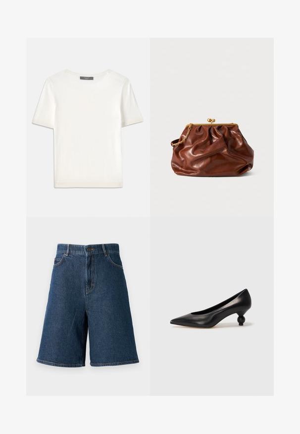 Bílý pletený top s krátkým rukávem a kulatým výstřihem, s hladkou strukturou a jemnými ribovými akcenty na rukávech a lemu.; Tmavě modré denimové kraťasy s vysokým pasem, pěti kapsami a rovnou siluetou. Obsahují viditelné švy a zapínání na předním tlačítku.; Černá kožená vysoká bota na podpatku s špičatou špičkou a kulatým, zaobleným podpatkem. Hladká textura s elegantním, minimalistickým designem.; Hnědá kožená psaníčko s pozlaceným zapínáním a krátkým pozlaceným řetízkem, s jemně nařasenou texturou na bílém pozadí.