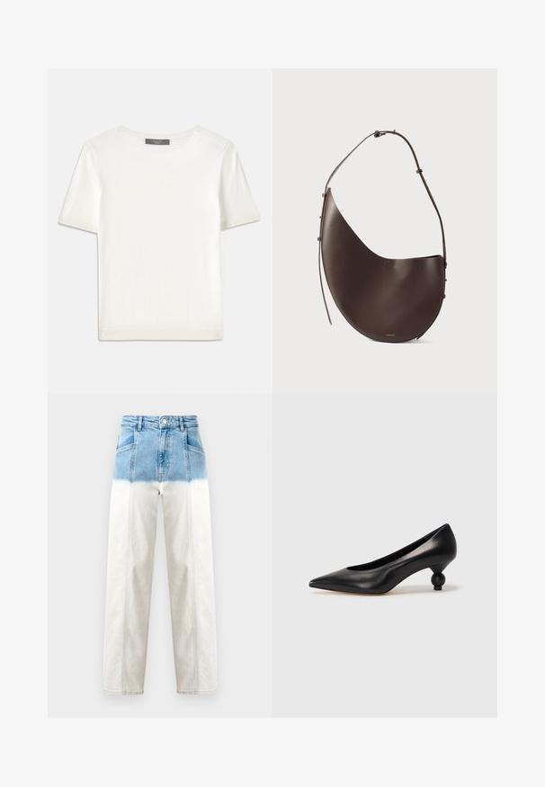 Fehér, rövid ujjú kötött felső, kerek nyakkivágással, sima textúrával és diszkrét bordázott részletekkel az ujjain és az alján.; A farmerdzseki kék felső része fehérre halványodik. Magas derekú kialakítás, egyenes szársziluett és látható varrási részletek.; Fekete bőr magassarkú cipő, hegyes orral és kerek, gömbölyű sarokkal. Simább textúrával, elegáns, minimalista dizájnnal.; Barna bőr kézitáska ívelt formával, egyszálú pánttal és minimalista dizájnnal. Diszkrét logóval és arany színű fém részekkel rendelkezik.