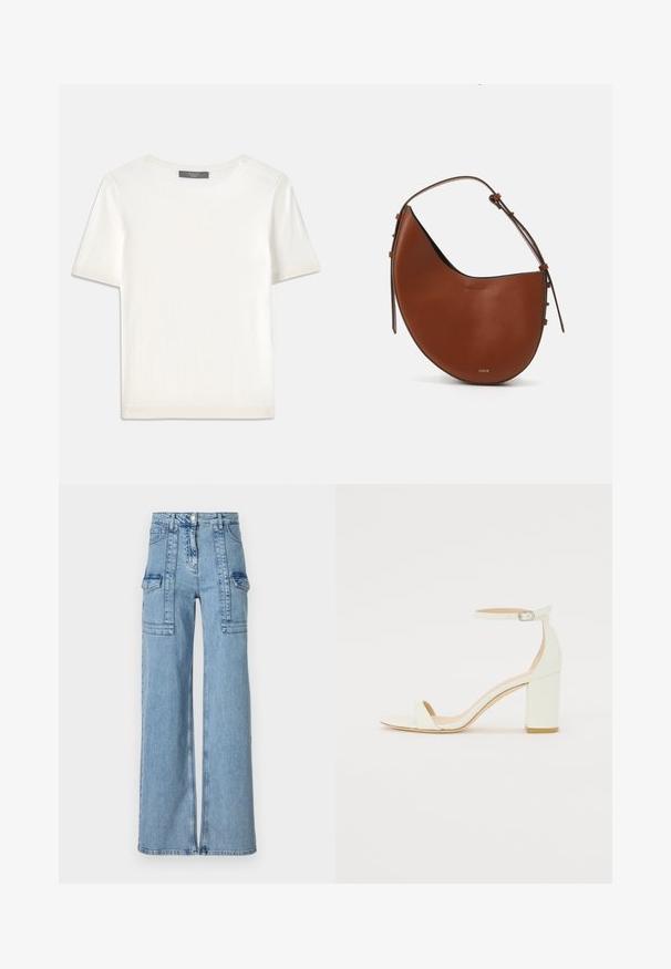 Haut tricot blanc à manches courtes avec un col rond, présentant une texture lisse et des accents côtelés subtils aux manches et à l'ourlet.; Jean en denim bleu clair à jambes larges avec une taille haute, plusieurs poches et une coupe droite. Dispose d'une fermeture éclair sur le devant pour un style unique.; Sandale à talon bloc en cuir blanc avec une bride de cheville à boucle et un design minimaliste. Bout ouvert et textures lisses sur l'ensemble.; Sac à épaule en cuir marron avec une forme en croissant, une fine bandoulière marron et des accents subtils en métal doré. Présente une texture lisse et des coutures minimales.