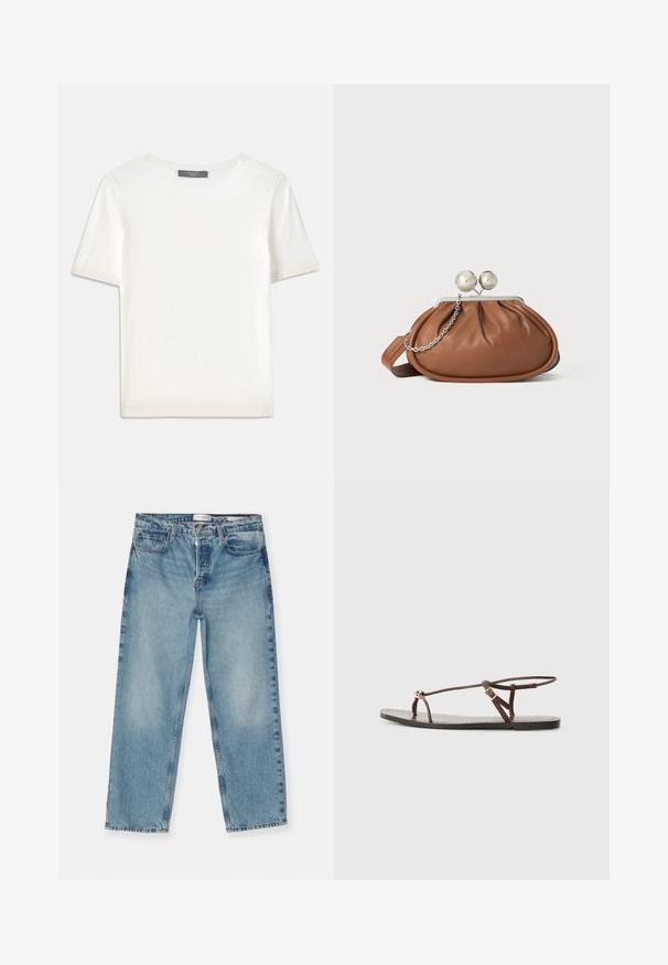 Fehér, rövid ujjú kötött felső, kerek nyakkivágással, sima textúrával és diszkrét bordázott részletekkel az ujjain és az alján.; Világoskék, egyenes szabású farmernadrág, elhalványult kivitelben, öt zsebbel, övhurkokkal és cipzáras záródással. Pamut denim anyag.; Barna bőr szandál vékony pántokkal, arany kör alakú díszítéssel és lapos talppal. Minimalista dizájn, állítható csat részlettel.; Barna bőrből készült clutch táska ezüst gömb záróval és kis ezüst lánc díszítéssel, fehér háttéren.