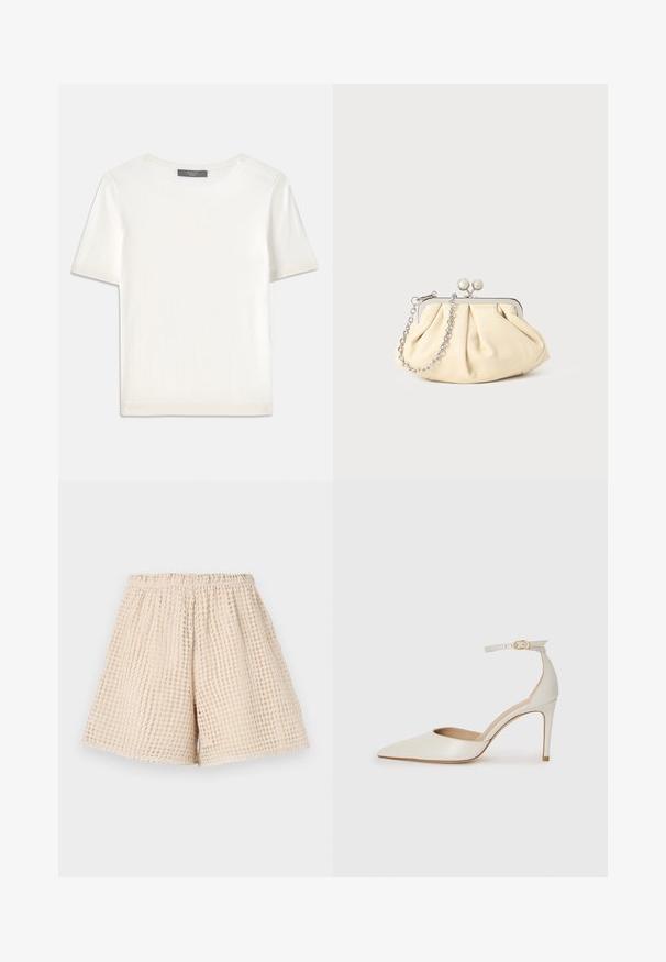 Balta īsām piedurknēm adīta blūze ar apaļu kakla izgriezumu, kurai ir gluda tekstūra un smalki riboti akcenti pie piedurknēm un apakšmalas.; Beige šorti ar teksturētu, vafeļu līdzīgu rakstu. Elastīga josta un brīva piegriezuma. Garums līdz vidus augšstilbam. Viegls materiāls.; Baltas ādas augstpapēžu kurpes ar smailu purngala daļu, potītes siksniņu un šauru stiletto papēdi. Gluda tekstūra ar smalku spīdumu.; Rūpīgi pleatota bežīga ādas somiņa ar sudraba metāla rāmi, kurai ir divas apaļas dekoratīvas sprādzes un sudraba ķēdes siksna.