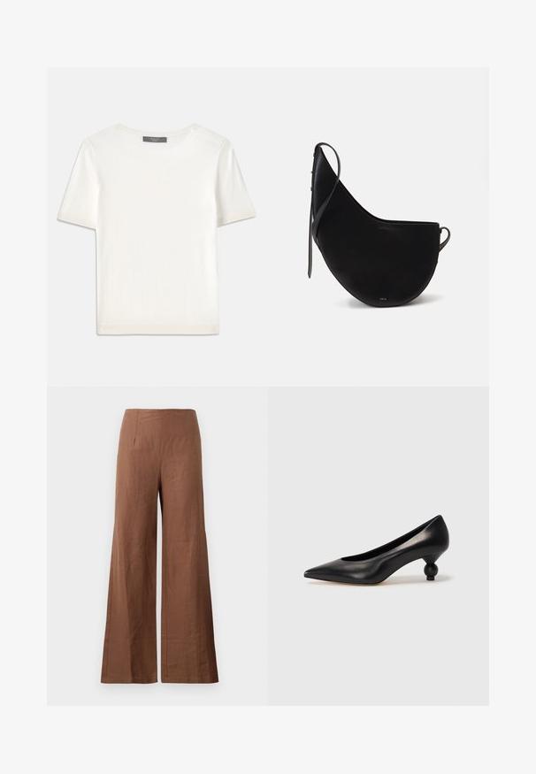 Fehér, rövid ujjú kötött felső, kerek nyakkivágással, sima textúrával és diszkrét bordázott részletekkel az ujjain és az alján.; Barna, széles szárú nadrág, textúrált anyagból készült. Magas derék jellemzi, két elülső pliszével és egyenes, laza lábakkal.; Fekete bőr magassarkú cipő, hegyes orral és kerek, gömbölyű sarokkal. Simább textúrával, elegáns, minimalista dizájnnal.; Fekete bőrtáska, ívelt holdformával, vékony pánttal és diszkrét arany logóval az elején. Simára kidolgozott felület minimális fémalkatrészekkel.