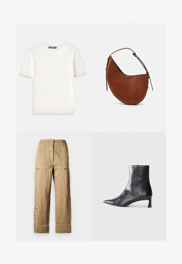 Weißes kurzärmliges Strickoberteil mit rundem Halsausschnitt, das eine glatte Textur und subtile Rippakzente an den Ärmeln und dem Saum aufweist.; Cargo-Hosen aus Baumwolle in hellkaki Farbe, mit mehreren Taschen, Reißverschlüssen und einem lockeren Schnitt mit umgeschlagenen Säumen.; Schwarze Lederstiefelette mit spitzer Zehe und schlankem Design. Verfügt über einen niedrigen Absatz und einen Reißverschluss hinten. Glatte Textur.; Braune Leder-Schultertasche mit einer halbmondförmigen Form, schmalem braunen Riemen und dezenten goldenen Hardware-Akzenten. Sie zeichnet sich durch eine glatte Textur und minimale Nähte aus.