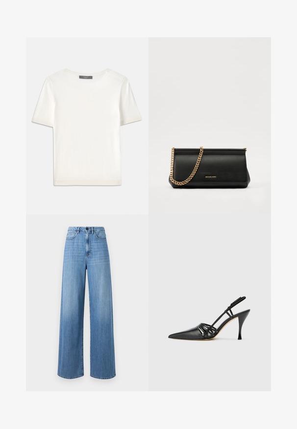 Baltas trumpas rankovėmis megztinis su apvaliu kaklu, pasižymintis lygia tekstūra ir subtiliais raštuotais akcentais rankovėse bei apykaulyje.; Šviesiai mėlyni plačios kojos džinsai, pagaminti iš džinsinio audinio, su aukštu liemeniu, diržo kilputėmis, priekinėmis kišenėmis ir kontrastingos siuvimo detalėmis.; Juodas odinis aukštakulnis slingback batelis su smailiu noseliu, kryžminiu dirželiu ir plonu stiletto kulnu. Lygus paviršius ir minimalūs akcentai.; Juodas odinis delninukas su auksine grandine, turintis lygų paviršių, stačiakampį išmatavimą ir įspaustą prekės ženklą priekyje.