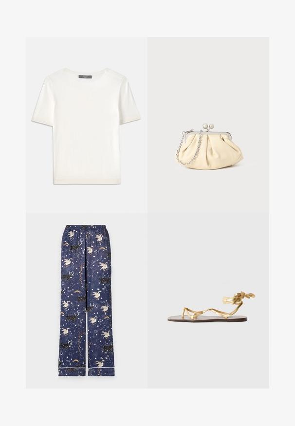 White short-sleeve knit top with a round neckline, featuring a smooth texture and subtle ribbed accents at sleeves and hem.; Navy pajama pants with an elastic waistband, featuring a whimsical pattern of unicorns, constellations, and celestial elements in colorful hues.; Gold flat sandal featuring slender metallic straps, a tied accent at the ankle, and a brown textured footbed.; Pleated beige leather clutch with a silver metal frame, featuring two round decorative clasps and a silver chain strap.