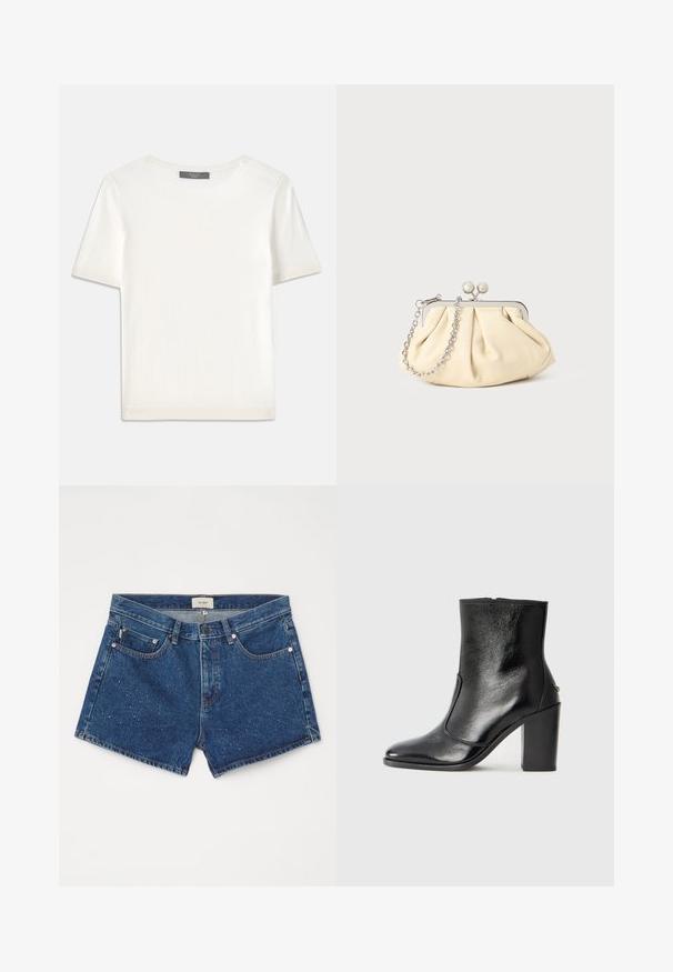 Bela kratka pletena majica s kratkimi rokavi in okroglim izrezom, ki ima gladko teksturo in subtilne rebrovane detajle na rokavih in robu.; Temne modri denim kratki hlače s rahlo bledim pranjem. Imajo gumbasto zapiranje, zanke za pas in sprednje žepke z rahlimi okraski.; Črne usnjene gležnarske čevlje z gladko teksturo, koničastim nosom in debelim visokim petam. Imajo stransko odprtino in minimalističen dizajn.; Zavihani bež usnjeni nahrbtnik s srebrnim kovinskim okvirom, ki ima dve okrogli okrasni zaponki in srebrno verižico.