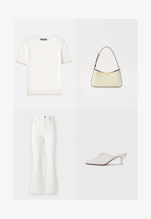 Fehér, rövid ujjú kötött felső, kerek nyakkivágással, sima textúrával és diszkrét bordázott részletekkel az ujjain és az alján.; Fehér, trapéz fazonú farmernadrág. Magas derékkal, elülső zsebekkel és gombos záródással. Sima textúra és minimális varrási részletek jellemzik.; Fehér hálós, hegyes orrú mules cipő, vékony, középmagas sarkával és slip-on kialakításával, egyszerű háttér előtt.; Krém színű bőrtáska ívelt formával. Aranyszínű logó díszítéssel és vékony, állítható sötét pánttal rendelkezik.