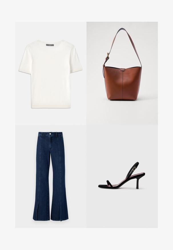 White short-sleeve knit top with a round neckline, featuring a smooth texture and subtle ribbed accents at sleeves and hem.; Wide-leg denim jeans in dark blue, featuring a high waist, slit at the hem, and classic five-pocket design with metal button closure.; Black suede women's high-heeled sandal with slim straps and a gold buckle on a white background, side view.; Brown leather shoulder bag with a curved shape, smooth texture, and a single thin strap. Features a subtle seam and a small logo detail.