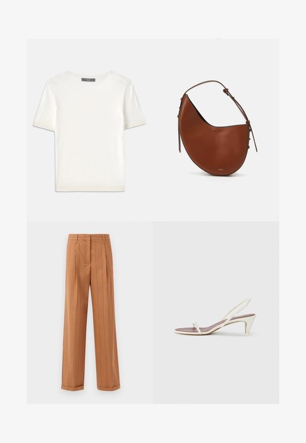 Baltas trumpas rankovėmis megztinis su apvaliu kaklu, pasižymintis lygia tekstūra ir subtiliais raštuotais akcentais rankovėse bei apykaulyje.; Rudos dryžuoti kelnių su pritaikyta forma, pasižyminčios raukšlėmis, tiesiu kirpimu ir apdirbtu kraštu. Pagaminti iš lygios medžiagos.; Baltos slingback šlepetės su lengvu kulnu, plonais dirželiais ir lygia odos tekstūra; turi mažą dekoratyvinę sagtelę.; Ruda odinės peties rankinės mėnulio formos, plona ruda diržo juosta ir subtilūs auksiniai akcentai. Ypatybė - lygi tekstūra ir minimalus siuvimas.