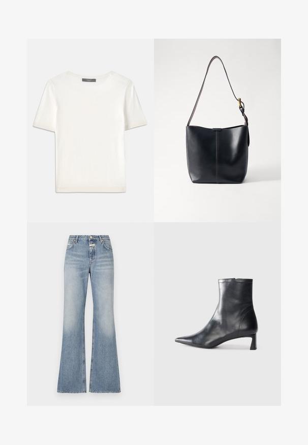Baltas trumpas rankovėmis megztinis su apvaliu kaklu, pasižymintis lygia tekstūra ir subtiliais raštuotais akcentais rankovėse bei apykaulyje.; Šviesiai mėlynos plačios džinsinės kelnės, pagamintos iš džinsinio audinio, su aukštu juosmeniu, šiek tiek išblukusiu priekyje ir nelygiais kraštais prie kojų.; Juodas odinis kulkšninis batas su smailiu pirštu ir elegantišku dizainu. Turi žemą kulną ir užtrauktuką gale. Lygi tekstūra.; Juodas odinis rankinės krepšys su lygiu paviršiumi, turintis ploną, ilgą dirželį ir subtilią siuvinėtą detalę per vidurį.