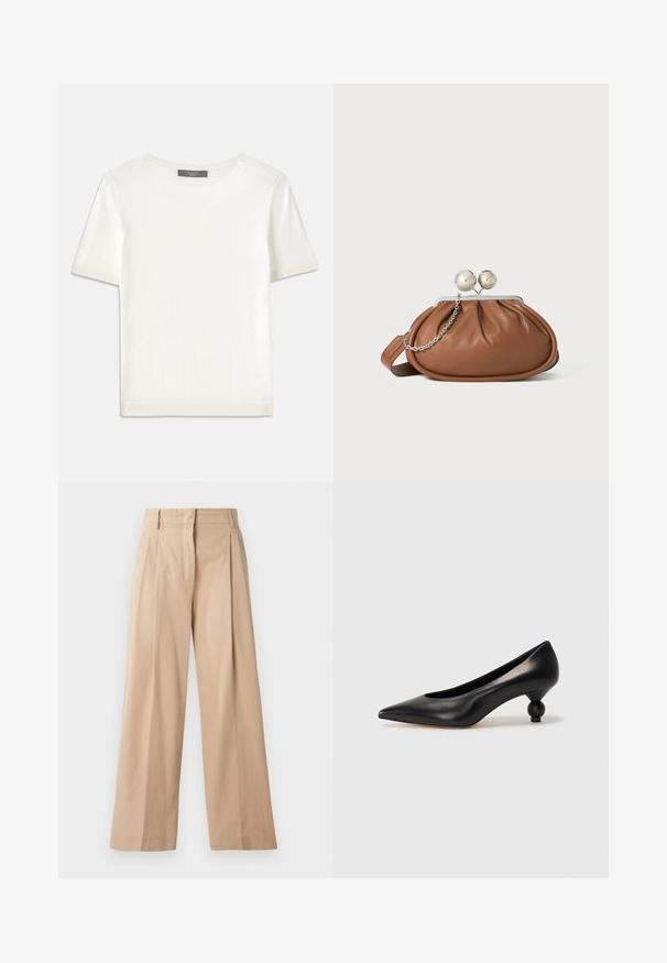 White short-sleeve knit top with a round neckline, featuring a smooth texture and subtle ribbed accents at sleeves and hem.; Light beige wide-leg pants made of smooth, lightweight fabric. Features pleats at the front, a tailored waistband, and a straight cut.; Black leather high heel shoe with a pointed toe and a round, balled heel. Smooth texture with a sleek, minimal design.; Brown leather clutch purse with silver ball clasp and a small silver chain detail on a white background.