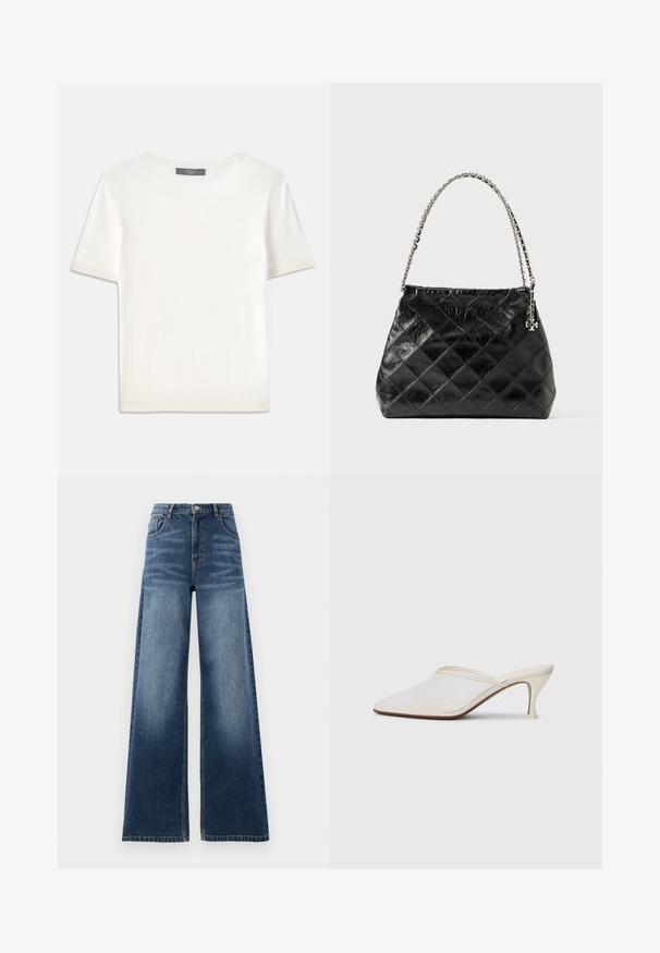 Vit kortärmad stickad topp med rund halsringning, med en jämn textur och subtila randiga detaljer vid ärmarna och fållen.; Breda denimjeans i medelblått, med hög midja, blekningsdetaljer och klassisk femfickdesign med sydda detaljer.; Vit nät-mule med spetsig tå, smal klack i medelhöjd och slip-on design mot en enkel bakgrund.; Svart quiltad läderhandväska med ett handtag i silverkedja, med en strukturerad design och slät yta.