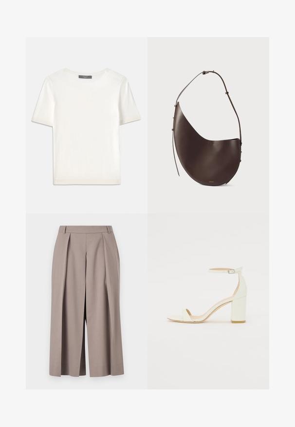 Fehér, rövid ujjú kötött felső, kerek nyakkivágással, sima textúrával és diszkrét bordázott részletekkel az ujjain és az alján.; Tiger of Sweden MALIAS - Rövidnadrágok - mole; Fehér bőrsarkú szandál bokaankarral és csattal, minimális dizájnnal. Nyitott orrú és sima textúrákkal az egész felületen.; Barna bőr kézitáska ívelt formával, egyszálú pánttal és minimalista dizájnnal. Diszkrét logóval és arany színű fém részekkel rendelkezik.