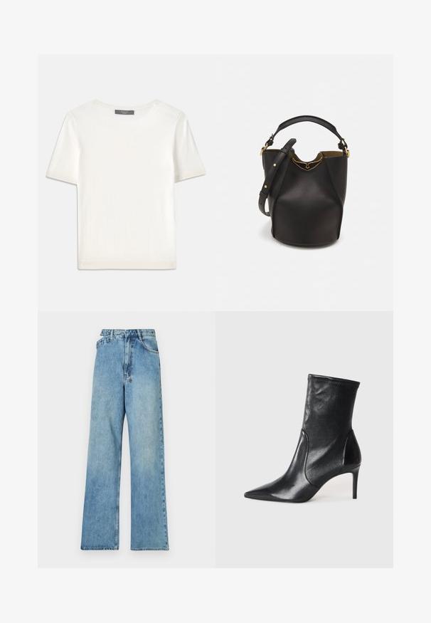 Fehér, rövid ujjú kötött felső, kerek nyakkivágással, sima textúrával és diszkrét bordázott részletekkel az ujjain és az alján.; Világoskék farmer széles lábú nadrág közepes derekú, öt zsebbel és gombos záródással, fém alkatrészekkel és koptatott felülettel.; Fekete bokacsizmák sima bőrből, hegyes orral, illeszkedő sínnel és karcsú, magas sarokkal. Minimalista dizájn, amelyen nincs látható fém munka.; Fekete bőr vödör táska texturált felülettel, arany hardware részletekkel és nyitott tetejével. Rövid fogantyúval és állítható vállpánttal rendelkezik.
