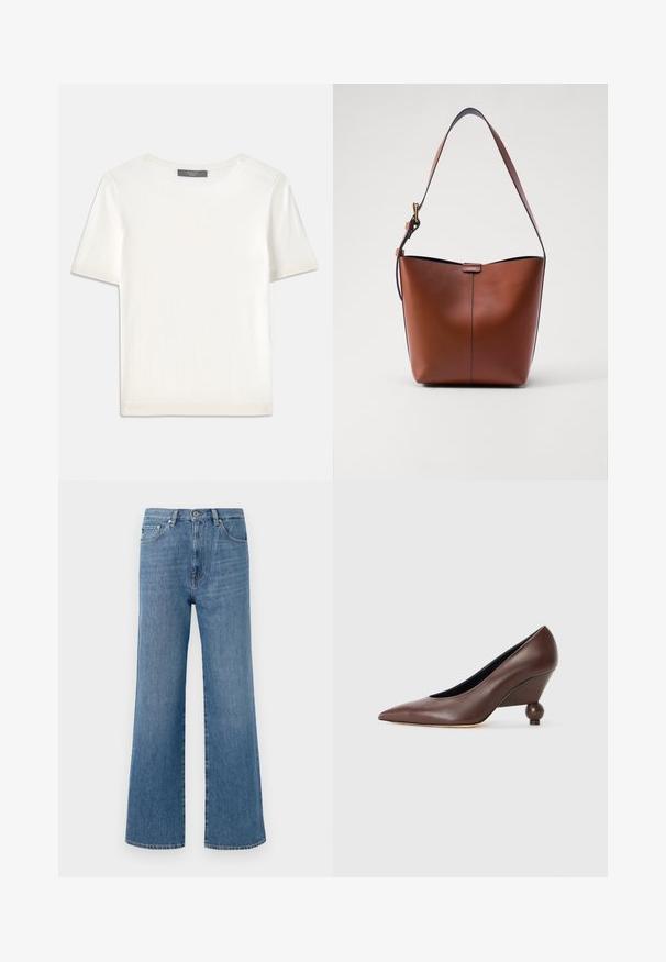 Balta īsām piedurknēm adīta blūze ar apaļu kakla izgriezumu, kurai ir gluda tekstūra un smalki riboti akcenti pie piedurknēm un apakšmalas.; Gaiši zili denim platmalu džinsi ar augstu jostasvietu, ar priekšējo pogu aizdari, piecām kabatām un gludu apakšmalu.; Brūni ādas klondīku zābaki ar smailu purngalu un noapaļotu, bumbu formas papēdi. Gluda tekstūra ar vienkāršu dizainu un minimāliem akcentiem.; Brūna ādas plecu soma ar izliekta formu, gludu tekstūru un vienu plānu siksnu. Iekļauj subtilu šuvumu un mazu logotipa detaļu.