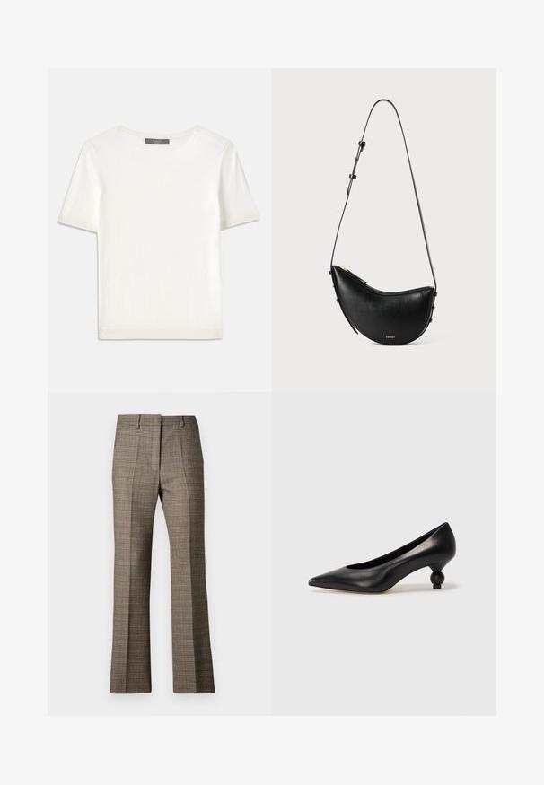Witte gebreide top met korte mouwen en een ronde halslijn, met een gladde textuur en subtiele ribgebreide accenten bij de mouwen en de zoom.; Bruine geruite broek met een rechte pijp, uitgerust met een gestructureerde stof en subtiele kleuren van beige en donkerbruin door het patroon.; Zwarte leren hoge hak schoen met een spitse neus en een ronde, bolle hak. Gladde textuur met een elegant, minimalistisch ontwerp.; Zwarte lederen handtas met een gebogen vorm en een enkele verstelbare schouderband. Voorzien van een ritsluiting en minimale gouden hardware.