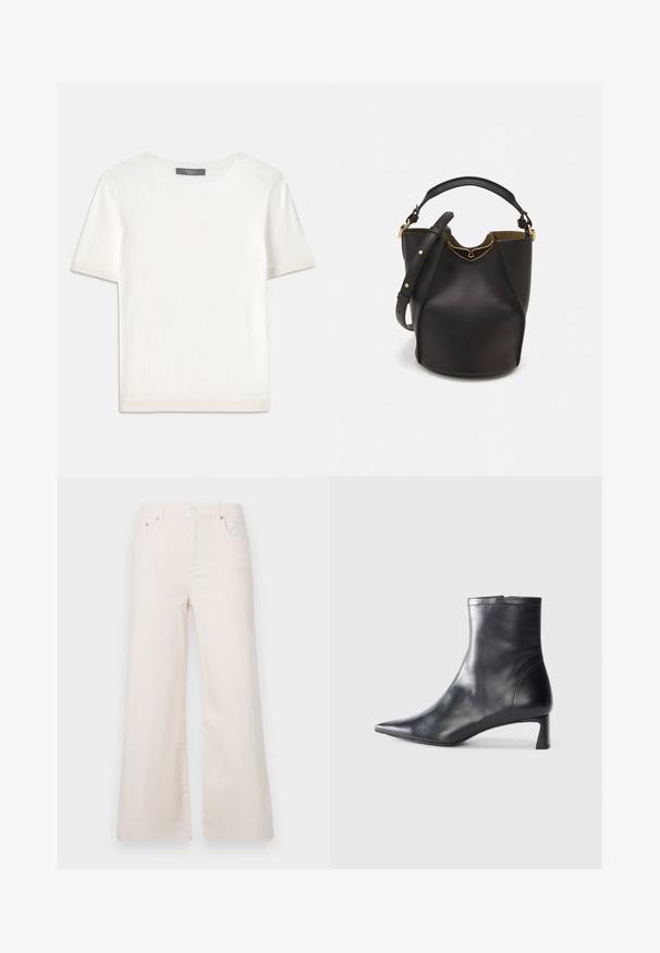Top tricotat alb cu mânecă scurtă, cu decolteu rotund, având o textură netedă și accente subtile cu nervuri la mâneci și la margine.; Pantaloni din denim beige deschis, cu croi larg, talie inaltă, cinci buzunare și închidere cu nasture frontal. Textură netedă, detalii de cusătură minime.; Cizmă de gleznă din piele neagră cu vârf ascuțit și un design elegant. Dispune de un toc mic și de o închidere cu fermoar la spate. Textură netedă.; Geantă din piele neagră în stil bucket, cu un finisaj texturat, accente din metal auriu și un compartiment deschis. Dispune de o mânere scurtă și un curea de umăr ajustabilă.
