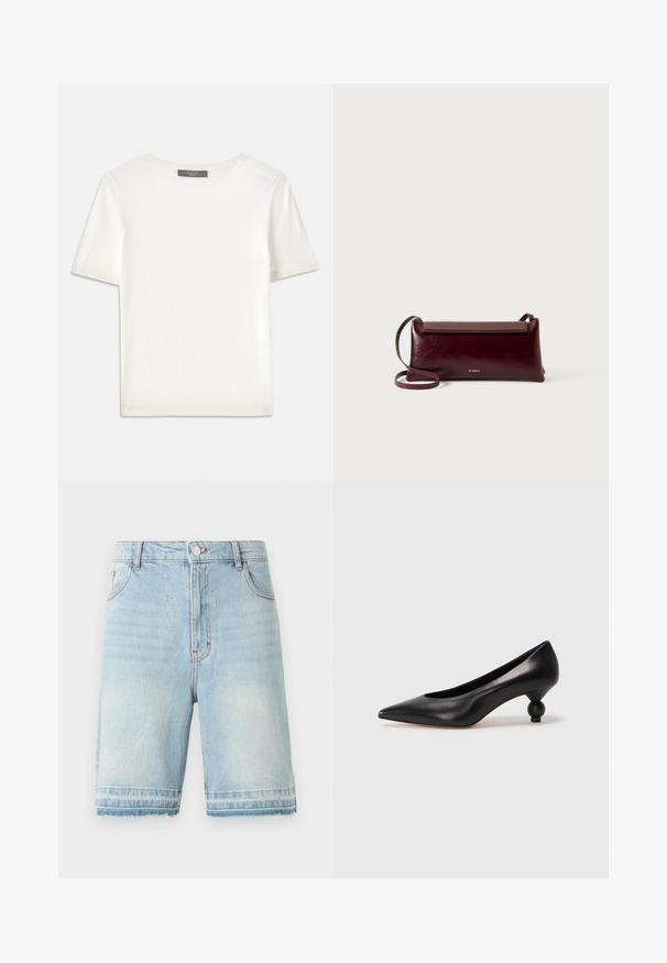 Fehér, rövid ujjú kötött felső, kerek nyakkivágással, sima textúrával és diszkrét bordázott részletekkel az ujjain és az alján.; Világoskék farmer rövidnadrág, rojtos szegéllyel, öt zsebes kialakítással, és normál derékkal, gombos záródással. Diszkrét kopás az egész anyagon.; Fekete bőr magassarkú cipő, hegyes orral és kerek, gömbölyű sarokkal. Simább textúrával, elegáns, minimalista dizájnnal.; Burgundi bőr keresztbody táska sima textúrával, téglalap alakú, fedeles záródással és vékony, állítható pánttal. Arany logó részlet látható.