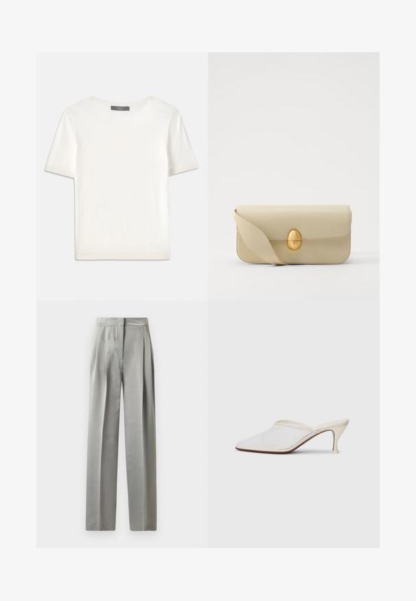 White short-sleeve knit top with a round neckline, featuring a smooth texture and subtle ribbed accents at sleeves and hem.; Light gray tailored trousers with a smooth texture, featuring pleats at the front, a wide leg design, and a fitted waistband.; White mesh pointed-toe mule with a slim mid-height heel and slip-on design against a plain background.; Beige leather handbag with a smooth texture, rectangular shape, and a golden oval clasp. Features a long, adjustable strap.