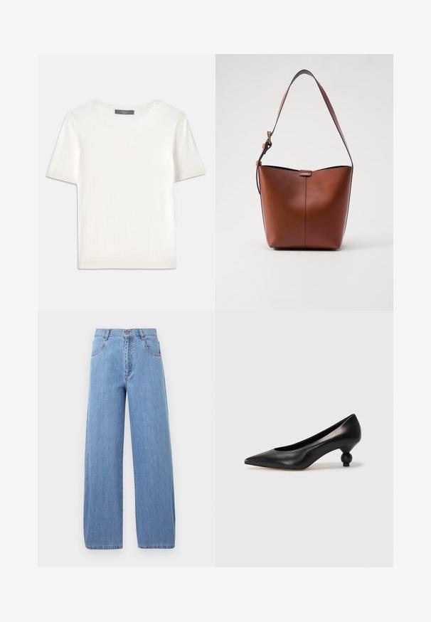 White short-sleeve knit top with a round neckline, featuring a smooth texture and subtle ribbed accents at sleeves and hem.; Light blue wide-leg jeans made of denim, featuring a high waist, front pockets, and subtle stitching details on the seams.; Black leather high heel shoe with a pointed toe and a round, balled heel. Smooth texture with a sleek, minimal design.; Brown leather shoulder bag with a curved shape, smooth texture, and a single thin strap. Features a subtle seam and a small logo detail.