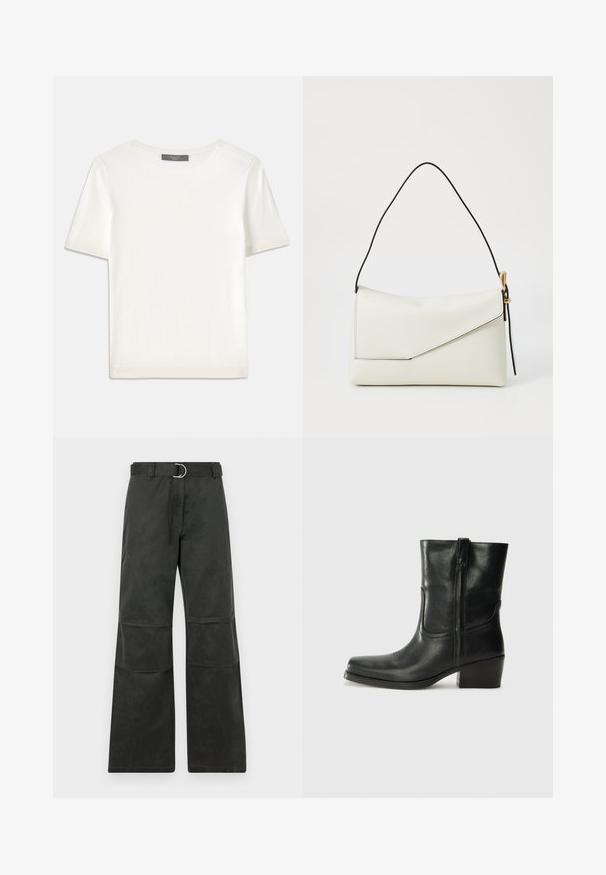 Valkoinen lyhythihainen neulepaita, jossa on pyöreä kaula-aukko. Paidan pinnassa on sileä rakenne ja hihansuissa sekä helmassa hienostuneet ribbineulekoristeet.; Mustat leveät housut, joissa on keski-korkea vyötärö, varustettuna vyöllä, jossa on hopeinen pyöreä solki, sekä polvipäällysteet.; Musta nahkasaapas nilkkamittaisella varrella, pyöreällä kärjellä, lohkarekorolla, sivuvetoketjulla ja ompeluaksentilla varren yläosassa. Suora pinta, klassinen muotoilu.; Valkoinen nahka käsilaukku, jossa on kolmio muotoinen läppä, musta hihna, kultaiset yksityiskohdat ja sileä teksturoitu pinta.