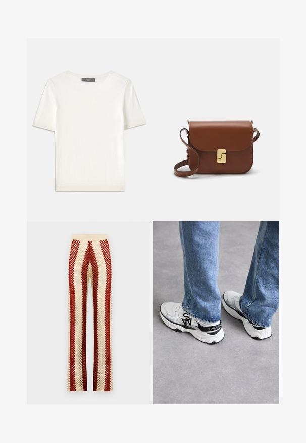 Weißes kurzärmliges Strickoberteil mit rundem Halsausschnitt, das eine glatte Textur und subtile Rippakzente an den Ärmeln und dem Saum aufweist.; Häkelhosen mit einer taillierten Taille, die abwechselnd rote und cremefarbene vertikale Streifen, einen weit geschnittenen Beinverlauf und eine offene Webstruktur aufweisen.; Weiße und graue Sportschuhe mit einem strukturierten Mesh-Obermaterial, schwarzen Akzenten und einem auffälligen Logo an der Seite und Ferse, kombiniert mit blauen Jeans.; Braune Ledertasche mit Klappenverschluss, Beschlägen in Goldfarbe, einem Schultergurt und einer glatten Oberfläche. Kompakte rechteckige Form.
