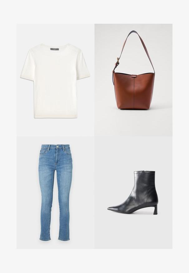 Baltas trumpas rankovėmis megztinis su apvaliu kaklu, pasižymintis lygia tekstūra ir subtiliais raštuotais akcentais rankovėse bei apykaulyje.; Šviesiai mėlynos džinsinės kelnės su siauru siluetu, vidutinio kilimo juosmeniu, penkių kišenių dizainu ir švelniu išblukimu šlaunų srityje, su siuvinėtomis detalėmis.; Juodas odinis kulkšninis batas su smailiu pirštu ir elegantišku dizainu. Turi žemą kulną ir užtrauktuką gale. Lygi tekstūra.; Ruda odinė petinė rankinė su kreivam formu, lygia tekstūra ir viena plona juosta. Yra švelni siūlė ir mažas logotipo elementas.