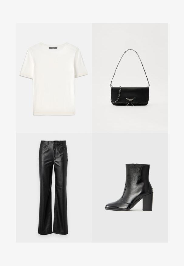 Bijela kratkotrajna pletena majica s kratkim rukavima i okruglim izrezom, koja se odlikuje glatkom teksturom i suptilnim rebrastim detaljima na rukavima i rubu.; Crne kožne hlače ravnog kroja s dugim nogavicama, s gumbom za kopčanje, petljama za remen i prednjim džepovima. Glatka tekstura i minimalno ukrašavanje.; Crna kožna čizma do gležnjeva s glatkom teksturom, špicastim vrhom i debelim visokim potpeticama. Ima bočni otvor i minimalistički dizajn.; Crna kožna torba s srebrnim lanac strapom, s dekorativnim krilnim naglascima i bijelim šavovima duž donjeg šava.