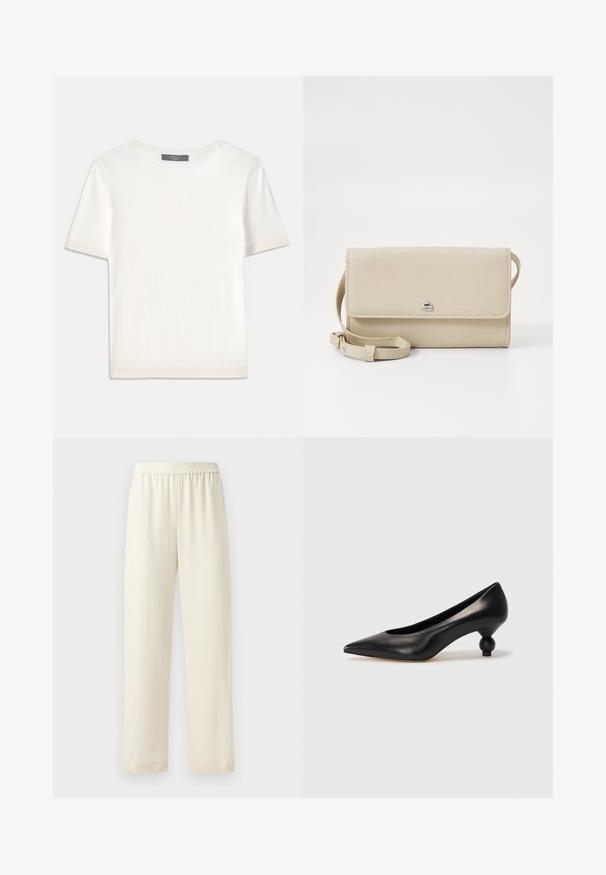 White short-sleeve knit top with a round neckline, featuring a smooth texture and subtle ribbed accents at sleeves and hem.; Cream-colored, straight-leg pants with an elastic waistband, smooth texture, and no visible patterns or hardware.; Black leather high heel shoe with a pointed toe and a round, balled heel. Smooth texture with a sleek, minimal design.; Beige leather shoulder bag with a flap closure, silver hardware, and a detachable strap. Smooth texture and simple rectangular shape.
