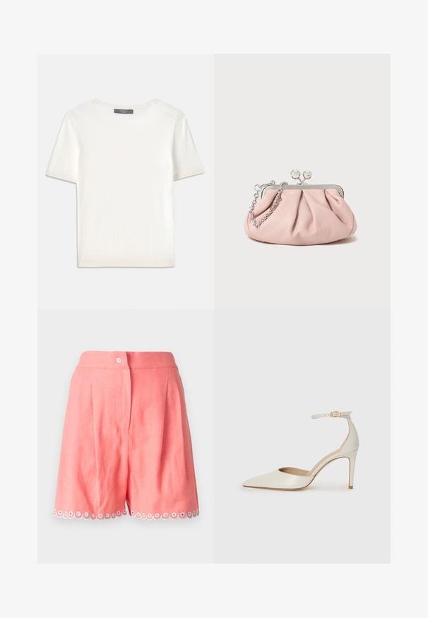White short-sleeve knit top with a round neckline, featuring a smooth texture and subtle ribbed accents at sleeves and hem.; Light pink linen shorts featuring pleats and a scalloped hem with white and blue accent circles. Includes a front button closure.; White leather high-heeled shoe with a pointed toe, ankle strap, and a slim stiletto heel. Smooth texture with subtle glossy finish.; Pink leather clutch bag with a gathered design, metal frame, two round clasps, and a silver chain strap. Smooth texture, compact shape.