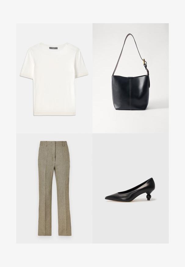 Valge lühikeste varrukatega soonikutega viimistletud ringkaelusega kampsun, millel on sile tekstuur.; Beežid ja mustad ruudulised kohandatud püksid otse säärega, millel on vööde aukud ja küljetaskud, valmistatud siledast kangast.; Must musta kõrge kontsaga king, millel on terav nina ja ümar, pallikujuline konts. Sile pind ja elegantne, minimalistlik disain.; Mustast nahast õla kott, millel on sile tekstuur, õhuke pikk rihm ja diskreetne õmblusdetail keskosas.