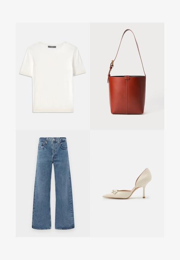 Valkoinen lyhythihainen neulepaita, jossa on pyöreä kaula-aukko. Paidan pinnassa on sileä rakenne ja hihansuissa sekä helmassa hienostuneet ribbineulekoristeet.; Yksilölliset, siniset farkut, joissa on leveät lahkeet, klassinen viisi taskua -suunnittelu, nappisuljenta ja kulunut rakenne, jossa on raakat hemmot.; Beige nahkakorkokenkä, jossa on terävä kärki, koristeellinen solkdeel ja hoikka korko. Luja pinta kiiltävällä viimeistelyllä.; Ruskea nahkainen ämpärilaukku, jossa on säädettävä olkahihna ja kultasävyinen solki, yksinkertainen pystysaumadesign etuosassa.