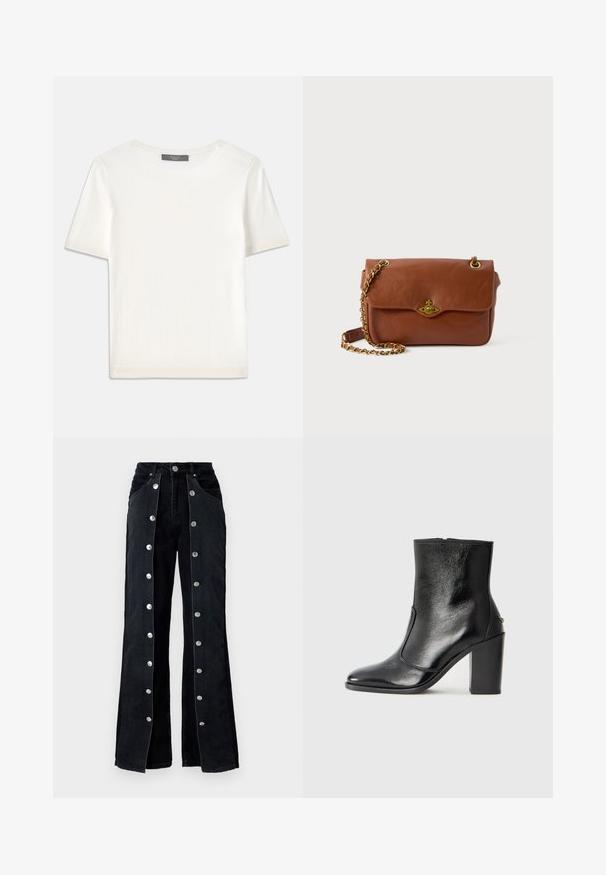 White short-sleeve knit top with a round neckline, featuring a smooth texture and subtle ribbed accents at sleeves and hem.; Stieglitz DUAN JEANS - Straight leg jeans - black; Black leather ankle boot with a smooth texture, pointed toe, and a chunky high heel. Features a side opening and minimalistic design.; Brown leather crossbody bag with a flap closure, gold hardware, and a chain strap. Smooth texture, rectangular shape, minimal detailing.