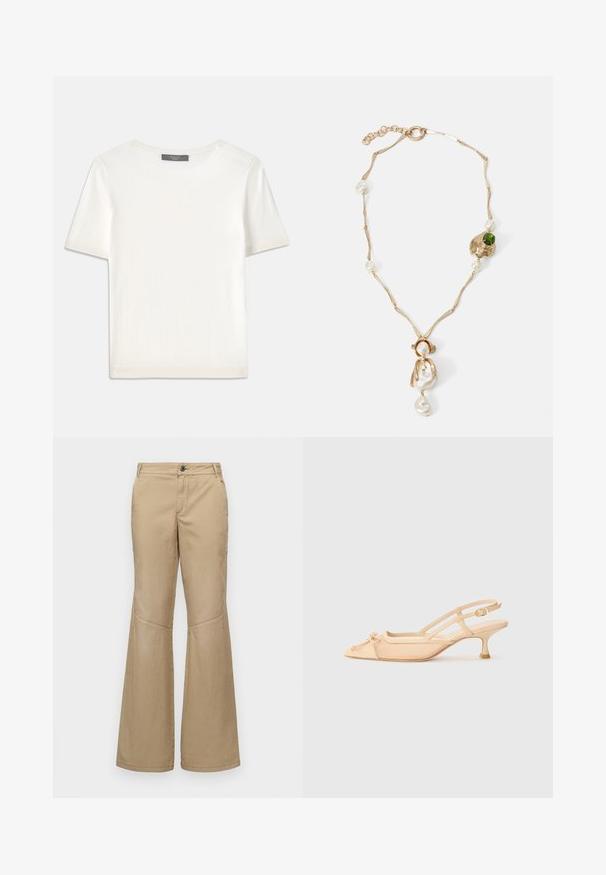 White short-sleeve knit top with a round neckline, featuring a smooth texture and subtle ribbed accents at sleeves and hem.; Beige wide-leg trousers with a button closure, front and side pockets, and stitching details, made from a lightweight, textured fabric.; Stuart Weitzman KITTY - Classic heels - beige/barely beige; Gold-tone necklace with twisted links, white pearls, and a green stone accent. Features intricate details and a clasp for fastening.