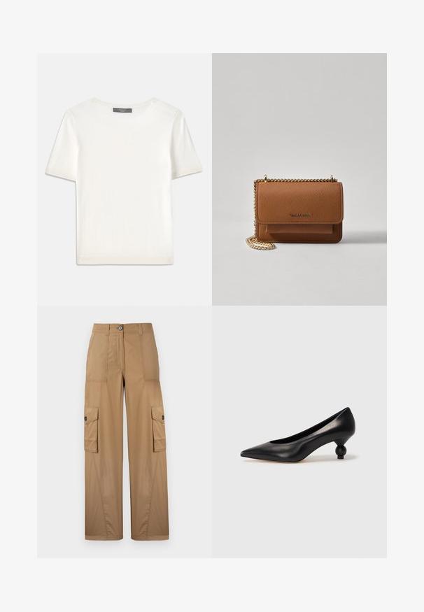 Balta īsām piedurknēm adīta blūze ar apaļu kakla izgriezumu, kurai ir gluda tekstūra un smalki riboti akcenti pie piedurknēm un apakšmalas.; Khaķi krāsa cargo bikses ar platām kājām, kurām ir divas sānu kabatas, pogu aizdare un gluda, izturīga auduma tekstūra.; Melnas ādas augstpapēžu kurpes ar smailu purngalu un apaļu papēdi. Gluda tekstūra ar elegantu, minimālistisku dizainu.; Brūna teksturēta ādas plecu soma ar zelta ķēdes siksnu un atloka aizdari. Priekšpusē ir logotipa detaļa un kabata zem atloka.