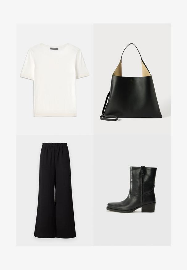 Bela kratka pletena majica s kratkimi rokavi in okroglim izrezom, ki ima gladko teksturo in subtilne rebrovane detajle na rokavih in robu.; Črne široke hlače s elastičnim pasom, narejene iz teksturirane tkanine, ki imajo ohlapen kroj in ravne robove.; Črne usnjene gležnjarje z zaobljenim nosom, blok peto, stransko zadrgo in šivanjem na vampu. Gladka tekstura, klasična zasnova.; Črna usnjena torba s prostornim, angularnim dizajnom. Ima kontrastno rjavo notranjost in tanek narame na. Minimalistična blagovna znamka je prikazana.