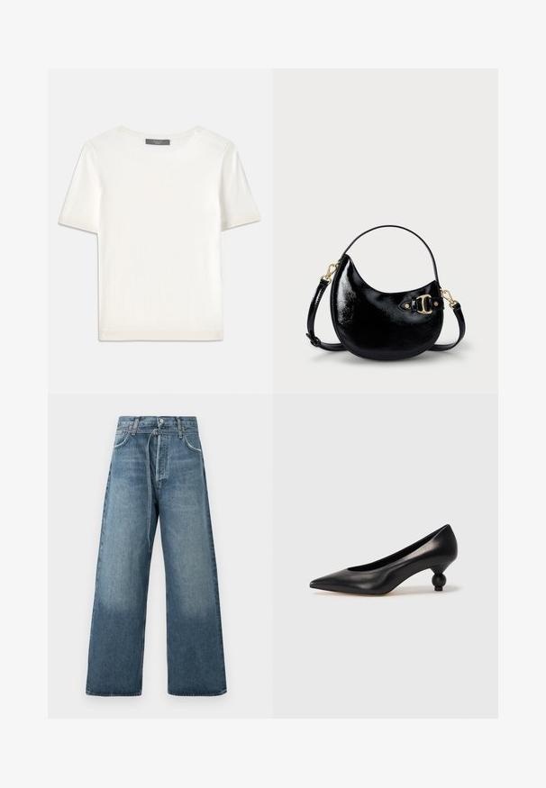 Top de punto corto de manga blanca con cuello redondo, que presenta una textura suave y sutiles detalles acanalados en las mangas y el dobladillo.; Jeans de tiro alto de pierna ancha en un lavado desvanecido, confeccionados en denim con costuras visibles y un cierre de botón en la cintura.; Zapato de tacón alto de cuero negro con puntera afilada y un tacón redondeado y abombado. Textura suave con un diseño elegante y minimalista.; Bolso de mano de charol negro con forma curvada, correa ajustable y detalles en hardware dorado en el lateral. Textura lisa y brillante.