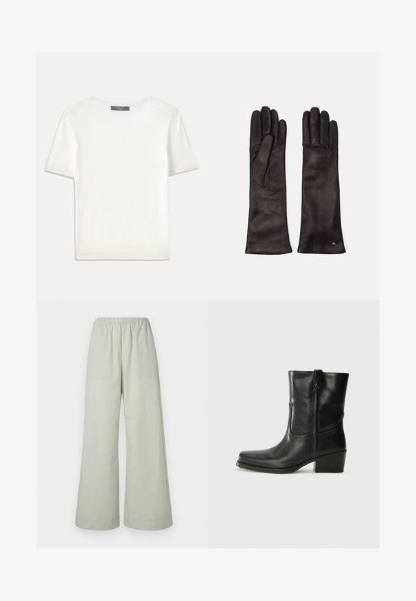 White short-sleeve knit top with a round neckline, featuring a smooth texture and subtle ribbed accents at sleeves and hem.; Light green wide-leg pants with an elastic waistband, made of smooth fabric featuring a subtle textured pattern. No pockets or hardware details.; Black leather ankle boot with a rounded toe, block heel, side zipper, and stitching accents on the vamp. Smooth texture, classic design.; Weekend Max Mara SENAPE - Gloves - nero