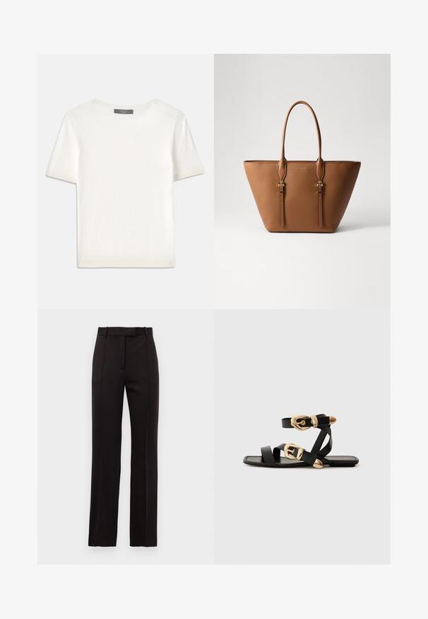 Biele krátke rukávy pletené tričko s okrúhlym výstrihom, ktoré má jemnú textúru a nenápadné rebrované detaily na rukávoch a leme.; Čierne značkové nohavice s rovnými nohami, s jemnými pruhmi, pútkami na opasok a hladkou textúrou.; Čierne kožené sandále so zlatými prackami, s viacerými pásikmi a plochou podrážkou pre otvorené nosenie.; Hnedá kožená taška cez rameno s textúrovaným povrchom, zúženým tvarom, dvoma pevným rukoväťami a dekoratívnymi detaily v zlatej farbe.