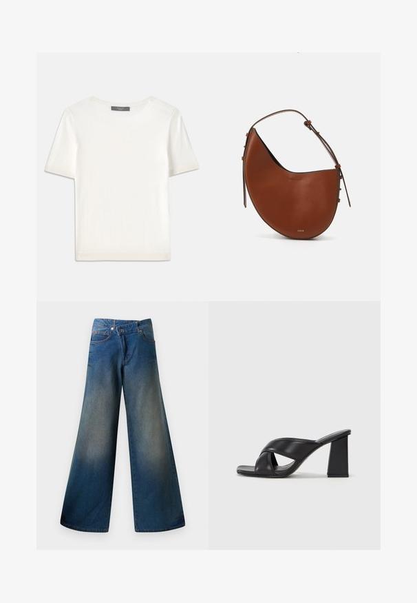 Baltas trumpas rankovėmis megztinis su apvaliu kaklu, pasižymintis lygia tekstūra ir subtiliais raštuotais akcentais rankovėse bei apykaulyje.; Plati kojinės mėlynos džinsinės kelnės, pagamintos iš džinsinio audinio, su šiek tiek išblukusiu paviršiumi, matomomis siūlėmis, dviem priekinėmis kišenėmis ir mygtuko uždarymu.; MAX&Co. SOHO - Aukštakulniai sandalai - schwarz; Ruda odinės peties rankinės mėnulio formos, plona ruda diržo juosta ir subtilūs auksiniai akcentai. Ypatybė - lygi tekstūra ir minimalus siuvimas.