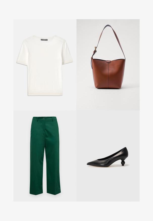Haut tricot blanc à manches courtes avec un col rond, présentant une texture lisse et des accents côtelés subtils aux manches et à l'ourlet.; Weekend Max Mara URIAL - Pantalon classique - verde; Chaussure à talon haut en cuir noir avec un bout pointu et un talon arrondi. Texture lisse avec un design épuré et minimal.; Sac à épaule en cuir marron avec une forme courbée, texture lisse et une seule sangle fine. Présente une couture subtile et un petit logo.