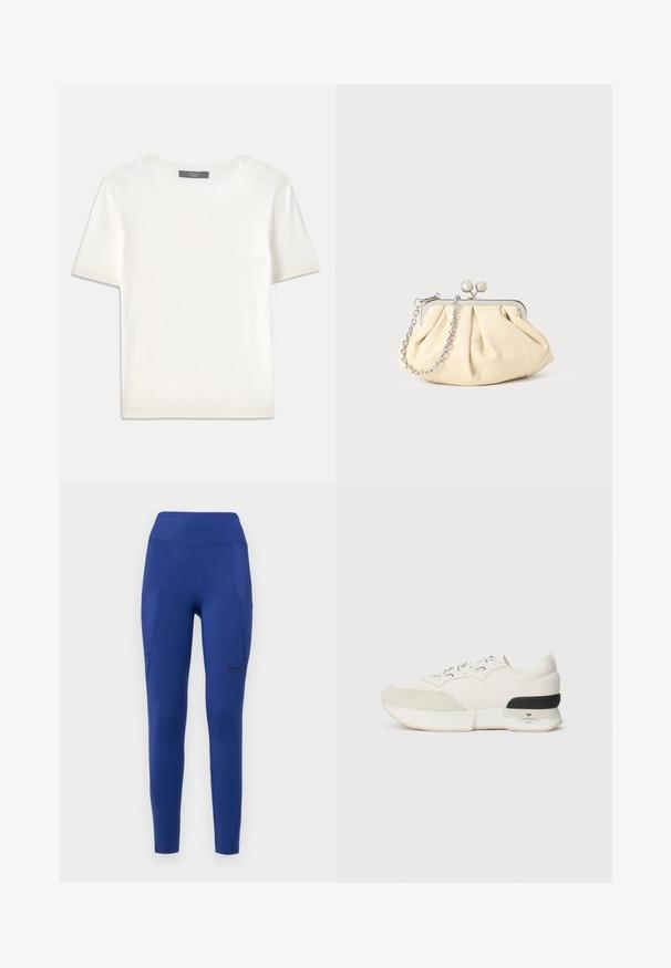 Top corto a maniche corte di colore bianco, in maglia, con scollatura rotonda. Presenta una texture liscia e accenti a coste sottili sulle maniche e sull'orlo.; Leggings attivi di colore blu navy con una vita alta, tasche laterali e branding discreto. Realizzati in tessuto elasticizzato e liscio con una forma aderente.; Sneaker bianca con una punta in suede testurizzato, parte superiore in mesh liscia, lacci decorativi e un accento sul tallone in gomma nera.; Clutch in pelle beige plissettata con una struttura in metallo argento, dotata di due chiusure decorative rotonde e una tracolla in catena argentata.