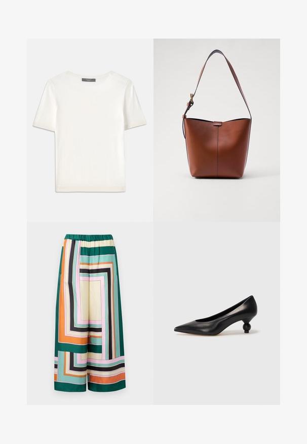 White short-sleeve knit top with a round neckline, featuring a smooth texture and subtle ribbed accents at sleeves and hem.; Wide-leg trousers in silk blend featuring a colorful geometric pattern with stripes in green, orange, pink, and black. Elastic waistband.; Black leather high heel shoe with a pointed toe and a round, balled heel. Smooth texture with a sleek, minimal design.; Brown leather shoulder bag with a curved shape, smooth texture, and a single thin strap. Features a subtle seam and a small logo detail.