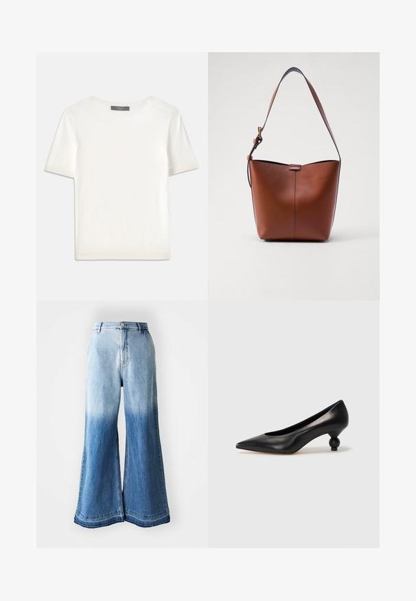 Baltas trumpas rankovėmis megztinis su apvaliu kaklu, pasižymintis lygia tekstūra ir subtiliais raštuotais akcentais rankovėse bei apykaulyje.; Šviesiai mėlyni džinsai plačiomis kojomis, su išblukusia gradientine spalva nuo šviesios iki tamsios, siūtu apvadu ir penkių kišenių dizainu.; Juoda odinė aukštakulnė bateliai su smailiu pirštu ir apvaliu, iškiliu kulnu. Lygus paviršius su elegantišku, minimalistiniu dizainu.; Ruda odinė petinė rankinė su kreivam formu, lygia tekstūra ir viena plona juosta. Yra švelni siūlė ir mažas logotipo elementas.