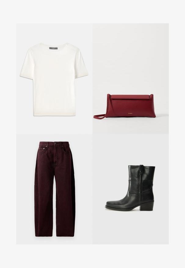 White short-sleeve knit top with a round neckline, featuring a smooth texture and subtle ribbed accents at sleeves and hem.; Burgundy wide-leg jeans in cotton denim, featuring a high waist, front pockets, and visible stitching. Classic five-pocket design.; Black leather ankle boot with a rounded toe, block heel, side zipper, and stitching accents on the vamp. Smooth texture, classic design.; Red leather clutch bag with a textured finish, featuring a flat fold-over top and a short strap. Subtle brand logo on the front.